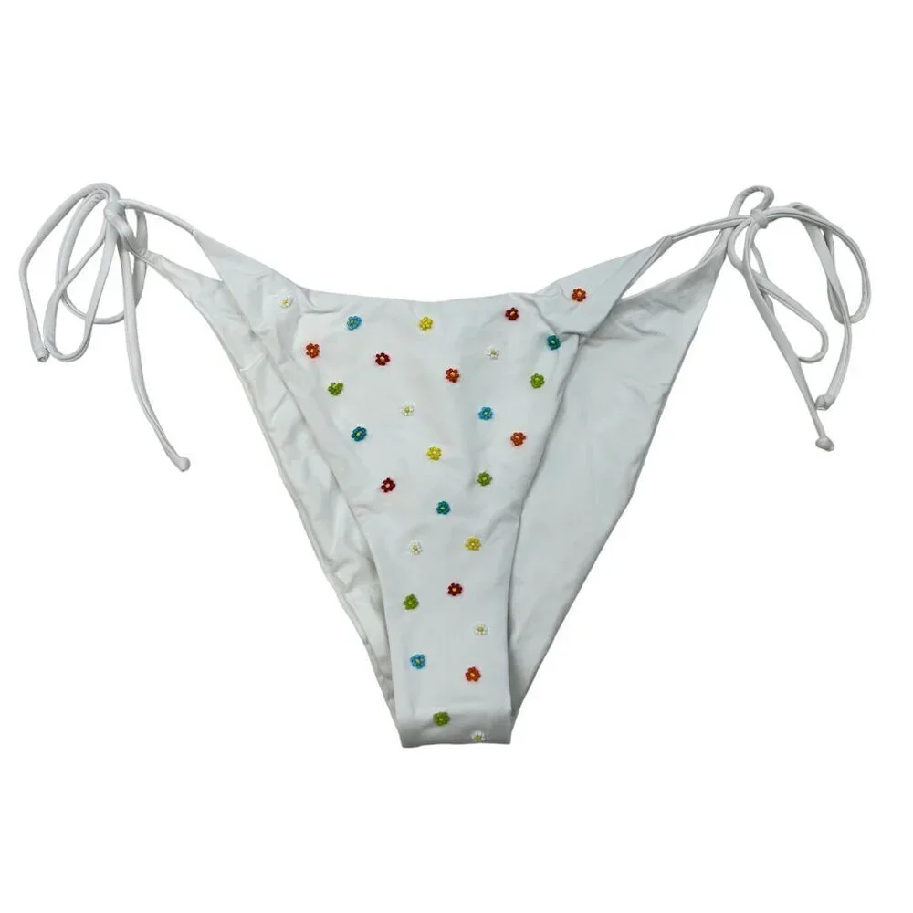 L*Space Women’s Lennox Classic String Bikini Bottom White/Multi Beaded XL New
